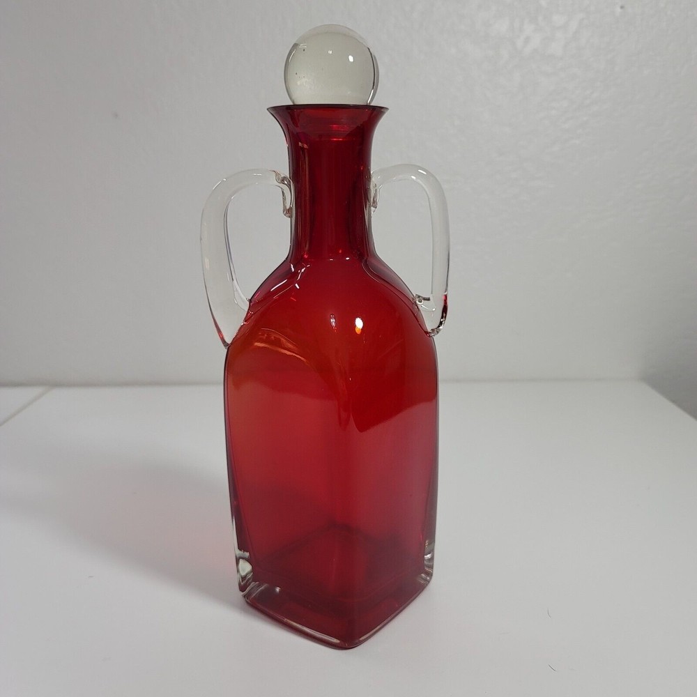 Vintage Red  Art Glass Cruet Clear Applied Double Handle Clear Glass Stopper